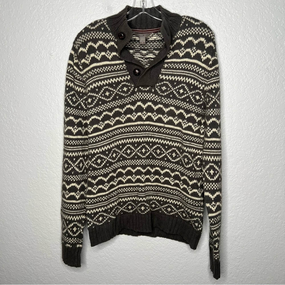 Fossil Brand Mens Long Sleeve Knit Sweater 3 Button Large Gray Mock Neck